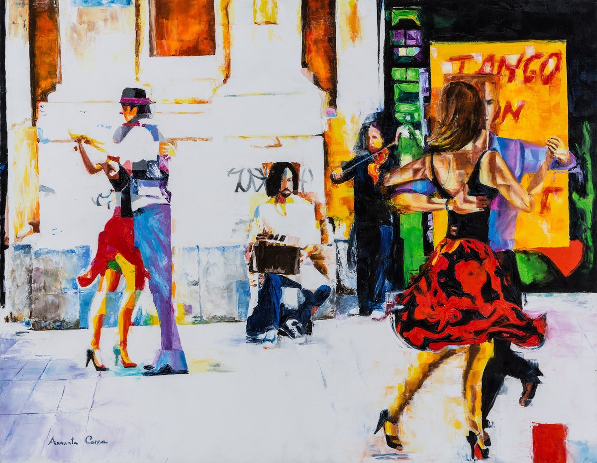 Urban And Pop Portrait Oil Painting By Assunta Cassa, 35 X 28, Tango On The Street, Original Artwork
