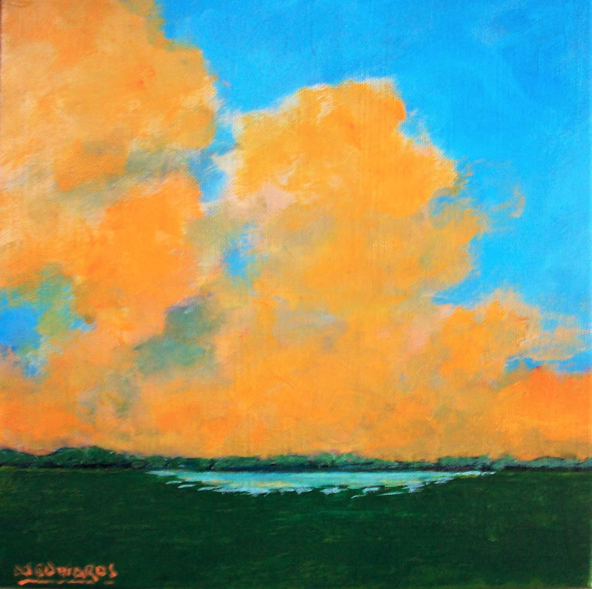 Impressionistic Landscape Acrylic Painting By David J Edwards, 12 X 12, Prairie Slough, Evening, Original Artwork