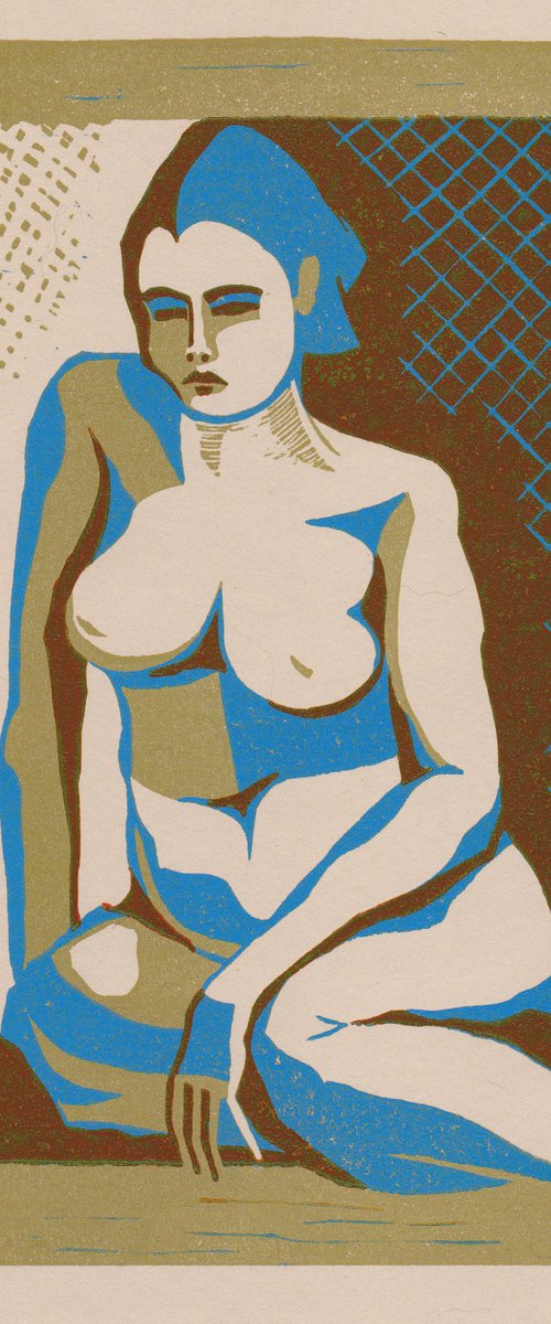 Nude Seated (Straw, blue & brown colourway on coloured paper) by Alison Pearce