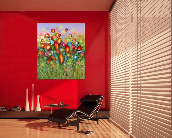 40" Summer flowers at sunset Large Painting