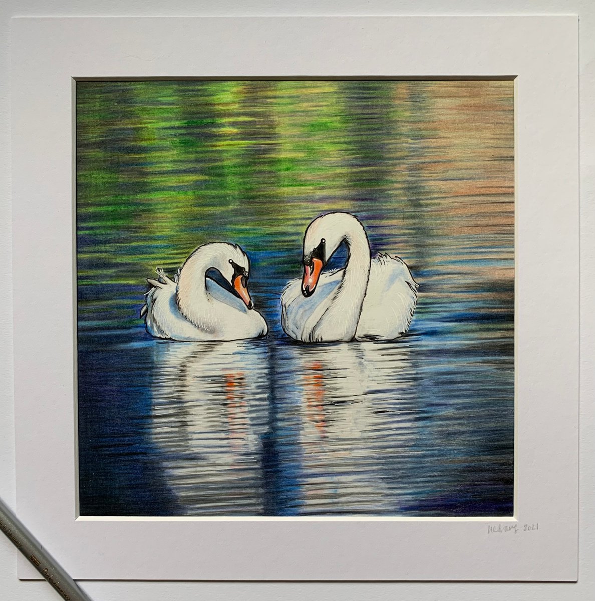 Pencil Drawing , Swan Lake By Karen Elaine Evans, 10 X 10, Artwork For Sale On Artfinder