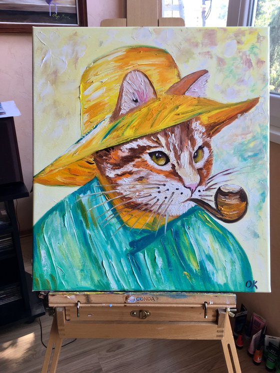 Creative Cat La Vincent Van Gogh with a pipe  oil painting for cat lovers