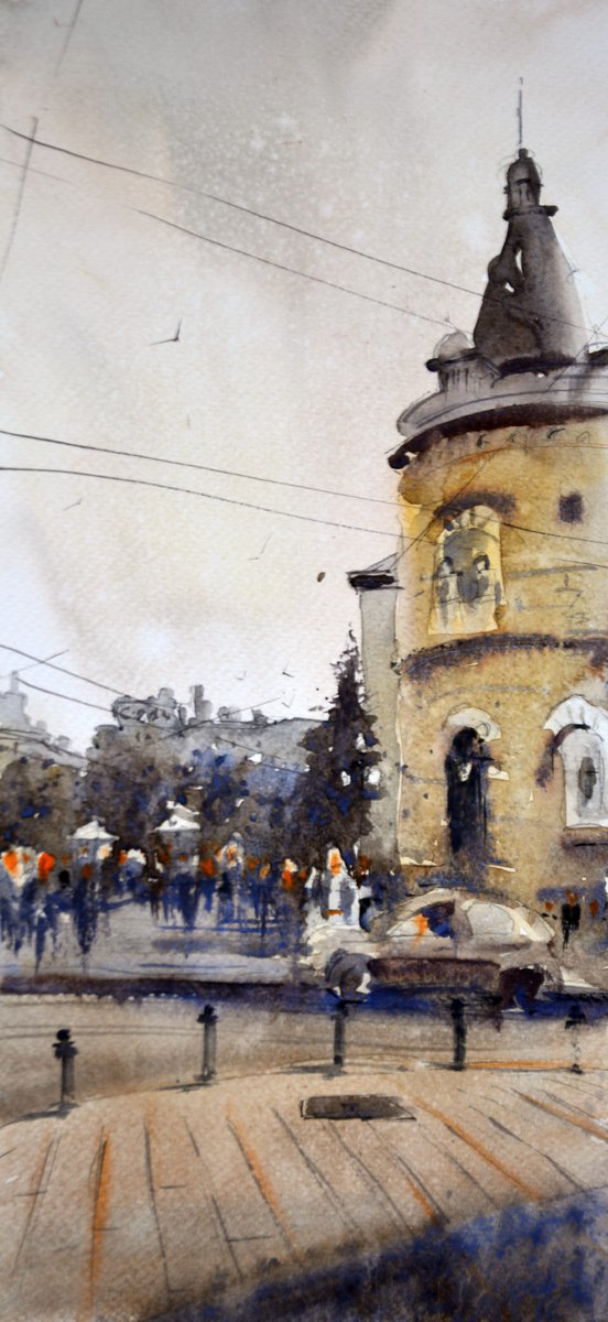 SKC with hotel Park in background 16x34cm 2019 by Nenad Koji? watercolorist