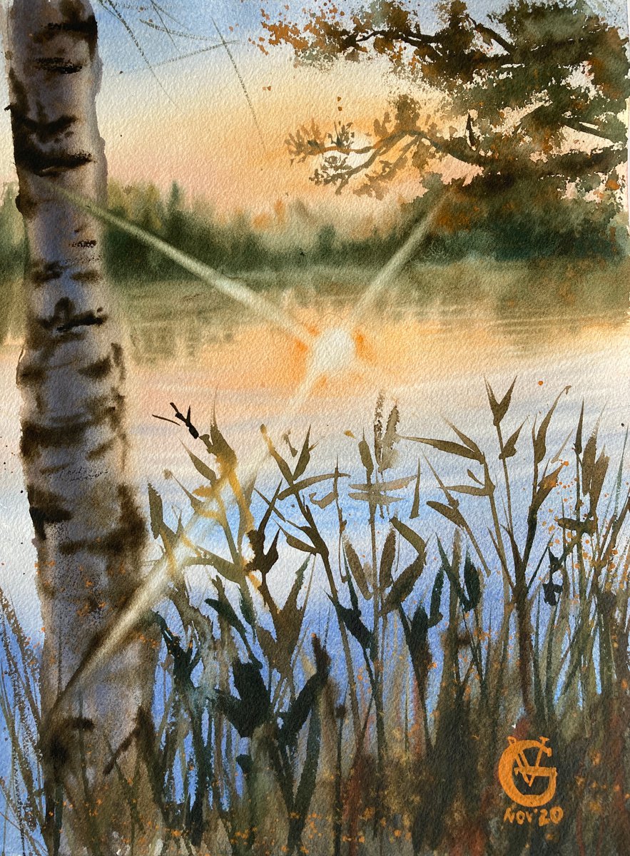 Impressionistic Landscape Watercolour By Valeria Golovenkina, 12 X 16", Evening Sun, Original Artwork