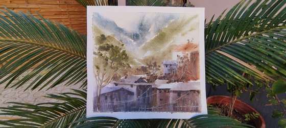 Dalat original watercolour painting, houses on the hills Dalat Vietnam, impressionist art Vietnam, contemporary small art, painting of house