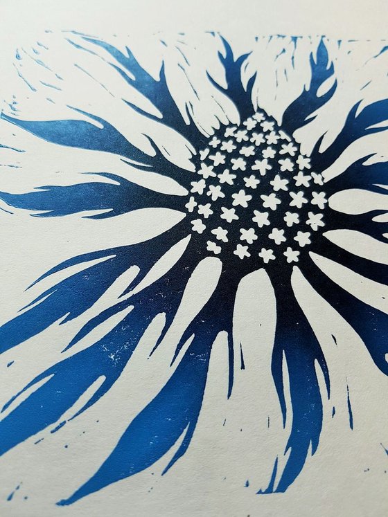 Sea Holly, Prussian blue Lino print, lino cut