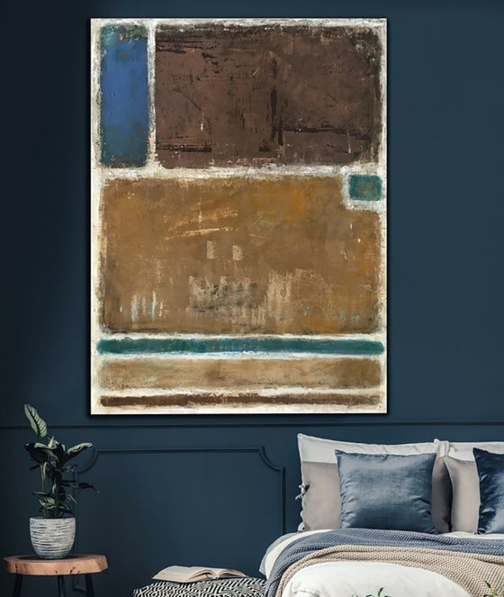 Teal Navy Blue and Beige Abstract 48x36" Art by Bo Kravchenko