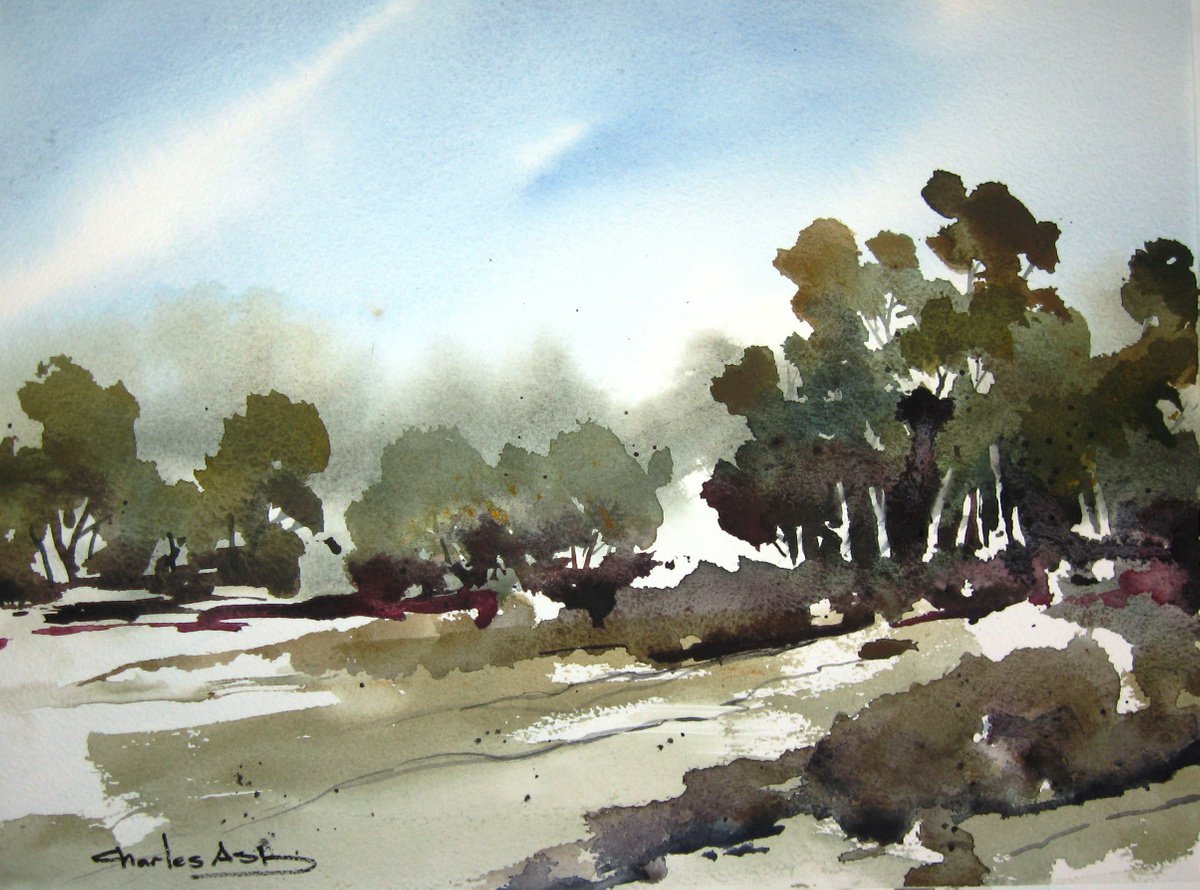 Cottonwoods Along The Acequia - Original Watercolor Painting by CHARLES ASH