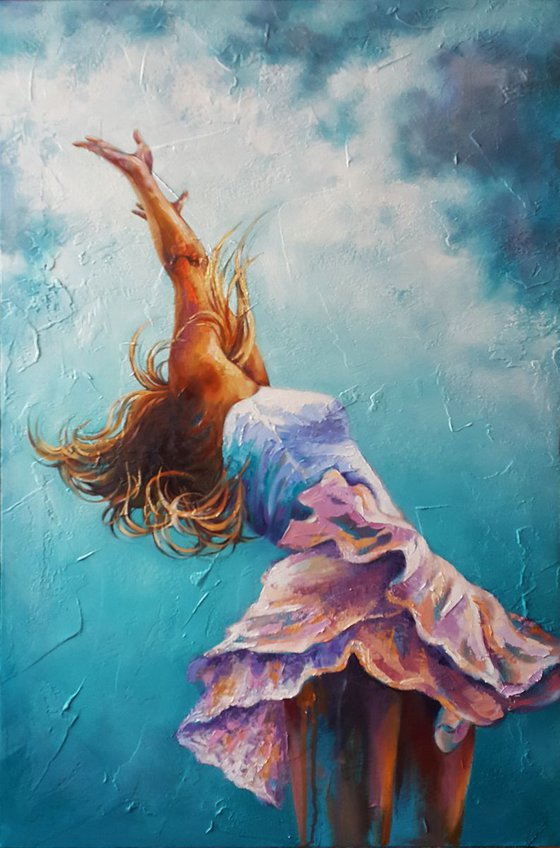 Happiness is near - oil painting, girl figure, large artwork