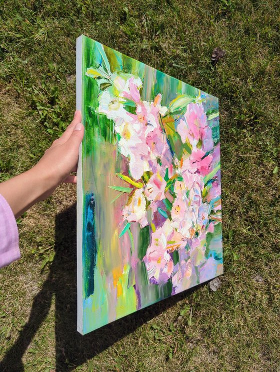Summer impressions . Azalea booms .  Sunny painting of a flowering branch .  Original oil painting