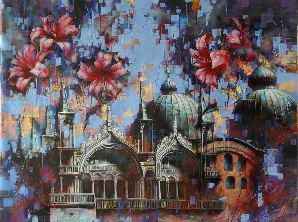 Impressionistic Cityscapes Oil Painting By Alexandr Dobrodiy, 47 X 35, Red Lilies, Original Artwork