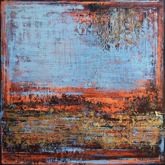 BRITTLE CONNECTION - 120 x 120 CM - TEXTURED ACRYLIC PAINTING ON CANVAS - TERRACOTTA * BLUE