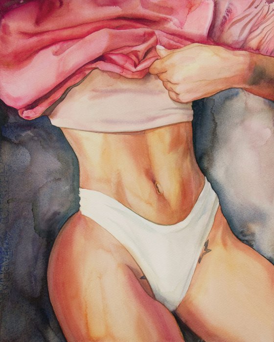 Body - watercolor painting realism, original gift, erotic girl, office decor, home interior, wall art, pink