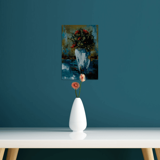 Abstract still life painting. Flowers in vase. Gift idea