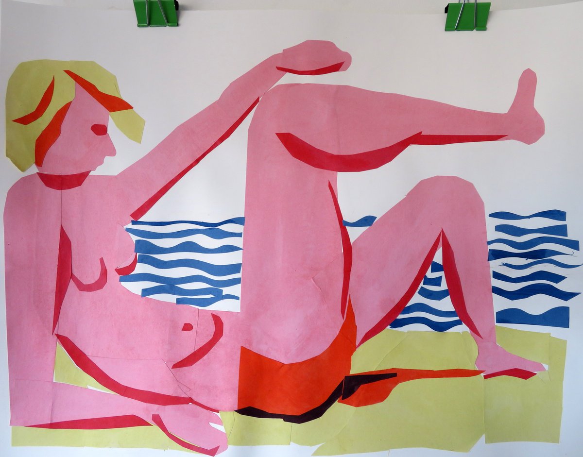 Portrait Collage By Stephen Abela, 28 X 22", Woman Reclining, Original Artwork