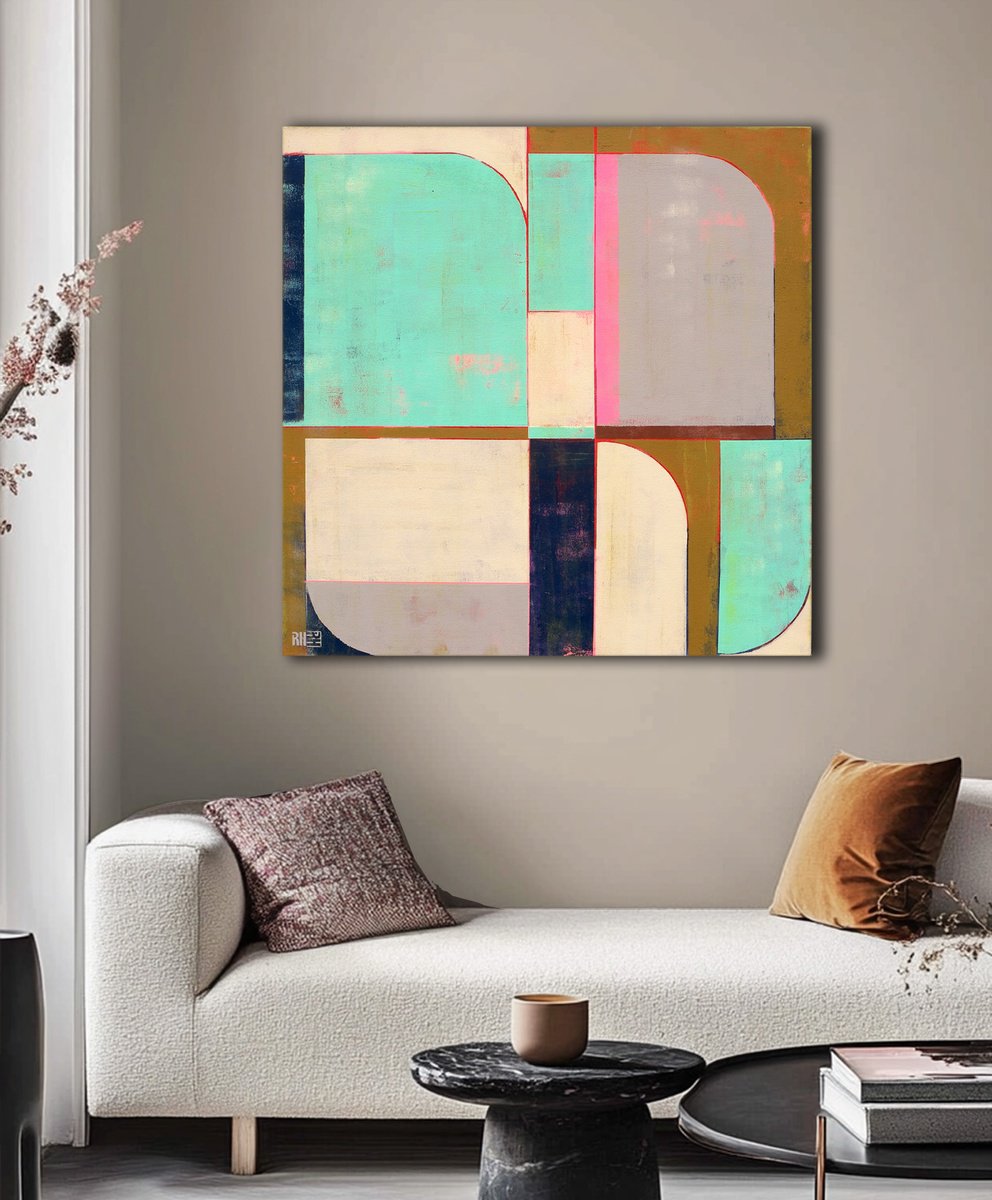 Abstract Acrylic Painting By Ronald Hunter, 35 X 35", Circle In Circle Mint Square, Original Artwork