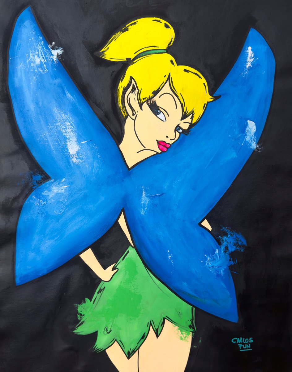 Urban And Pop Portrait Acrylic Painting By Carlos Pun Art, 28 X 35, Missed Me? Thinker Bell, Original Artwork