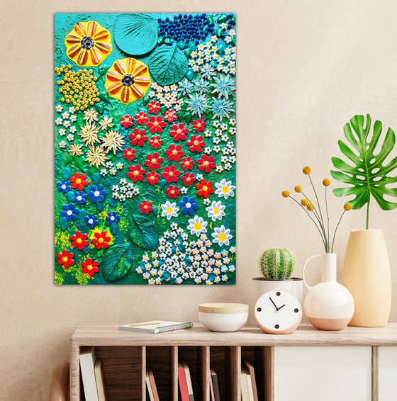 Сolorful summer garden with sunflowers, daisies, kosmeya, hydrangeas and asters. Amber, metal flowers, bas-relief, mosaic