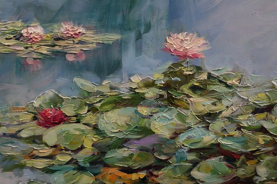 "Reflection of pink lilies"