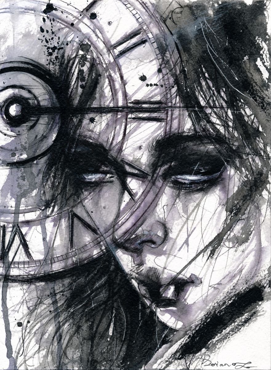 Expressive Portrait Ink Drawing By Doriana Popa, 7 X 9, Clock Woman, Original Artwork