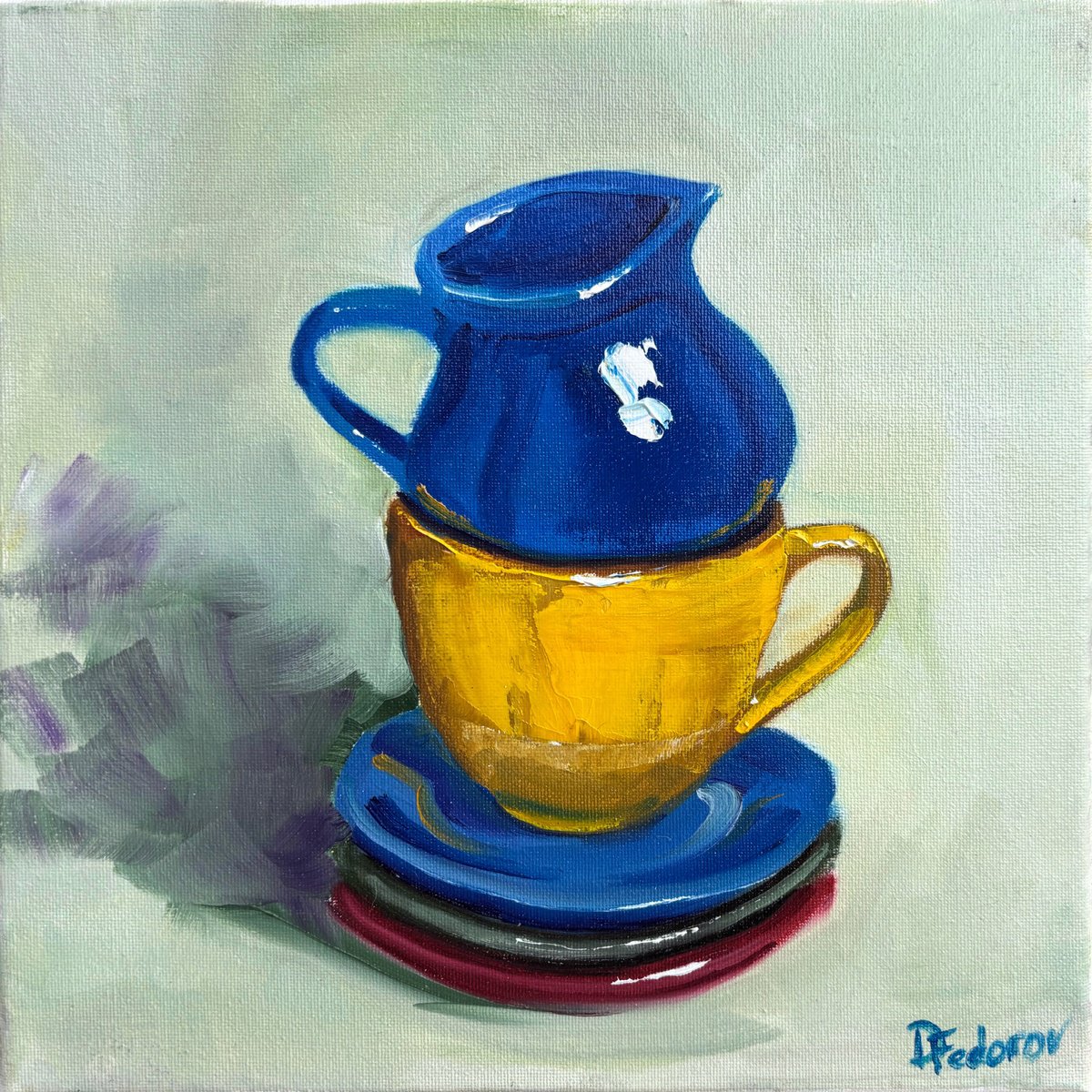 Impressionistic Still Life Oil Painting By Dmitry Fedorov, 12 X 12, Still Life With Coffee Service, Original Artwork