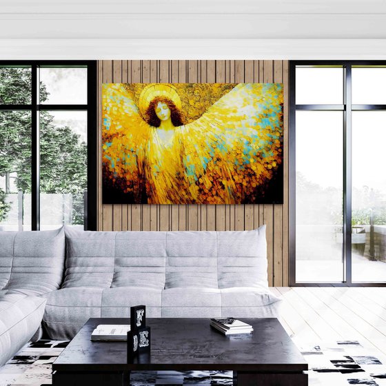 Angel. Large format 180 x 120 cm Original golden bronze huge wall art on canvas. Large artwork for home decor