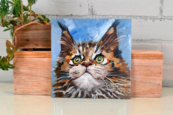 Cat Oil Painting Maine Coon Original Art Meme Pet Artwork Tabby Cat Portrait