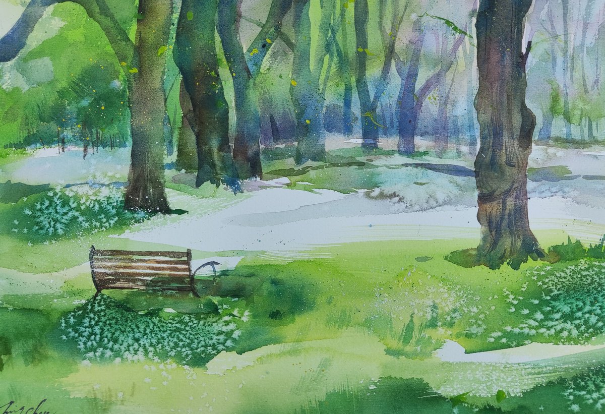 Impressionistic Landscape Watercolour By Jing Chen, 15 X 11, In The Park, Original Artwork