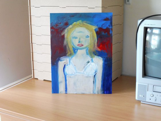 GIRL BLONDE WHITE BIKINI PORTRAIT. Original Female Figurative Acrylic Painting. Varnished.