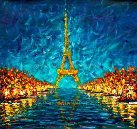 Artwork for sale The night Eiffel Tower Paris is reflected in river Seine original artwork.