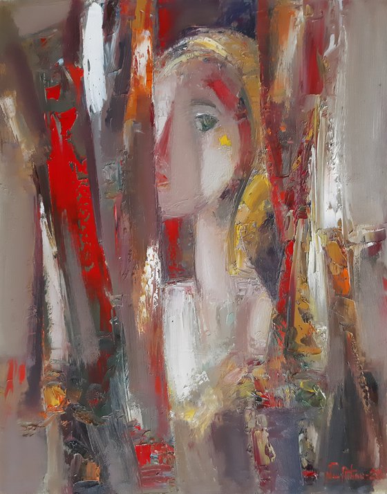 Portrait in red 40x50cm ,oil/canvas, abstract portrait