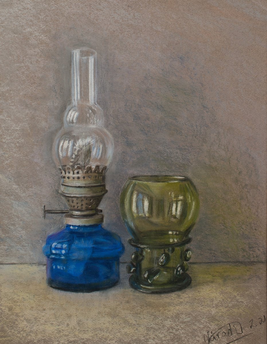 Still Life Pastel Drawing By Catherine Varadi, 13 X 16, The Vintage Lamp, Original Artwork