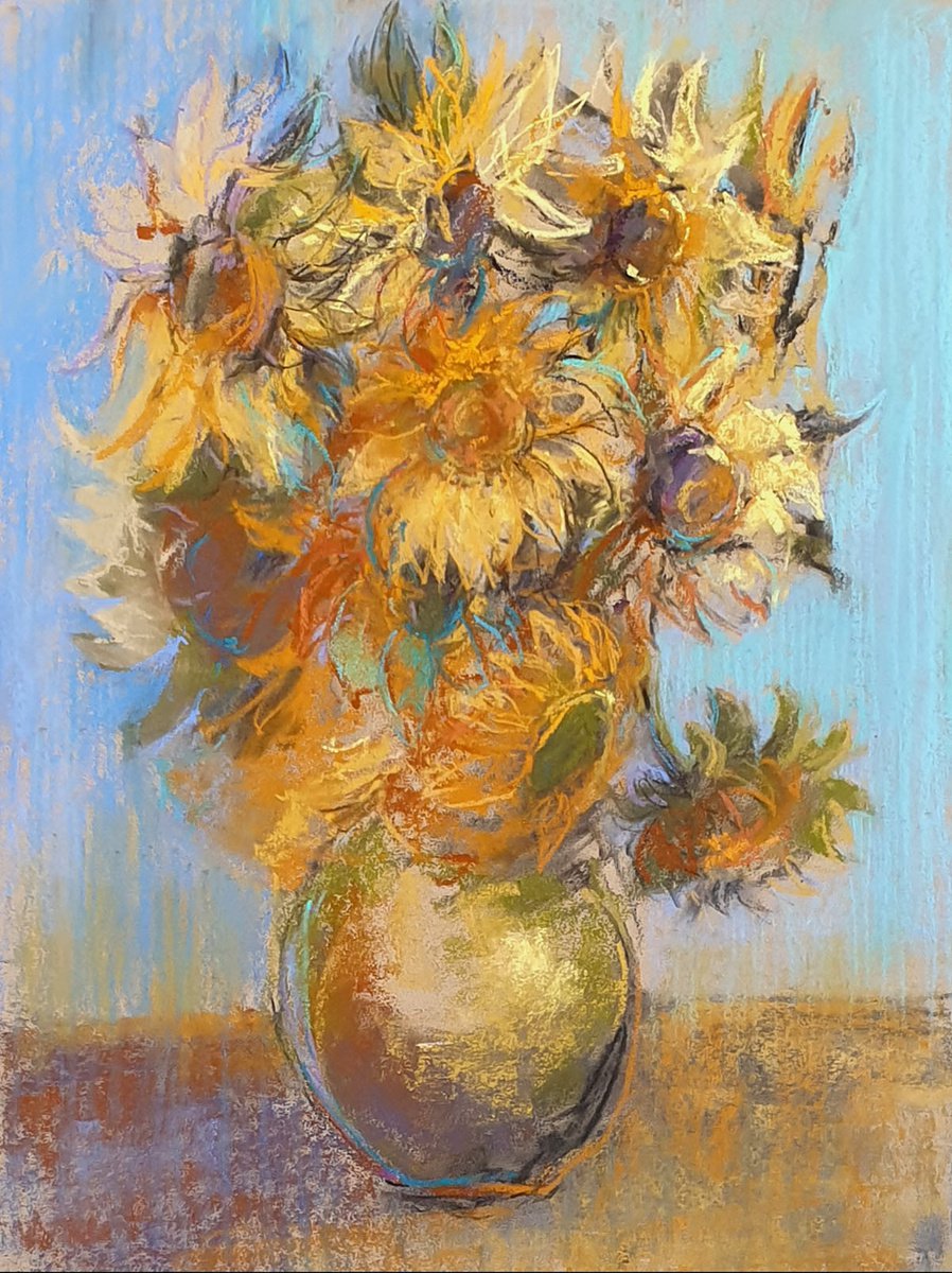 Impressionistic Botanical Pastel Drawing By Elena Genkin, 12 X 16, Sunflowers In A Vase. Inspired By Van Gogh, Original Artwork