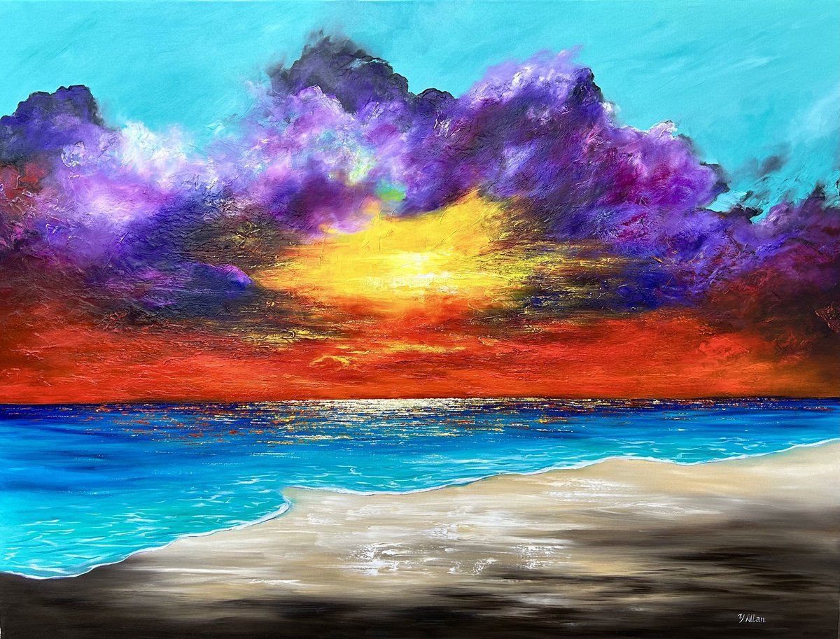 Impressionistic Landscape Oil Painting By Yulia Allan, 47 X 37", Sunset Walk, West Coast, Original Artwork