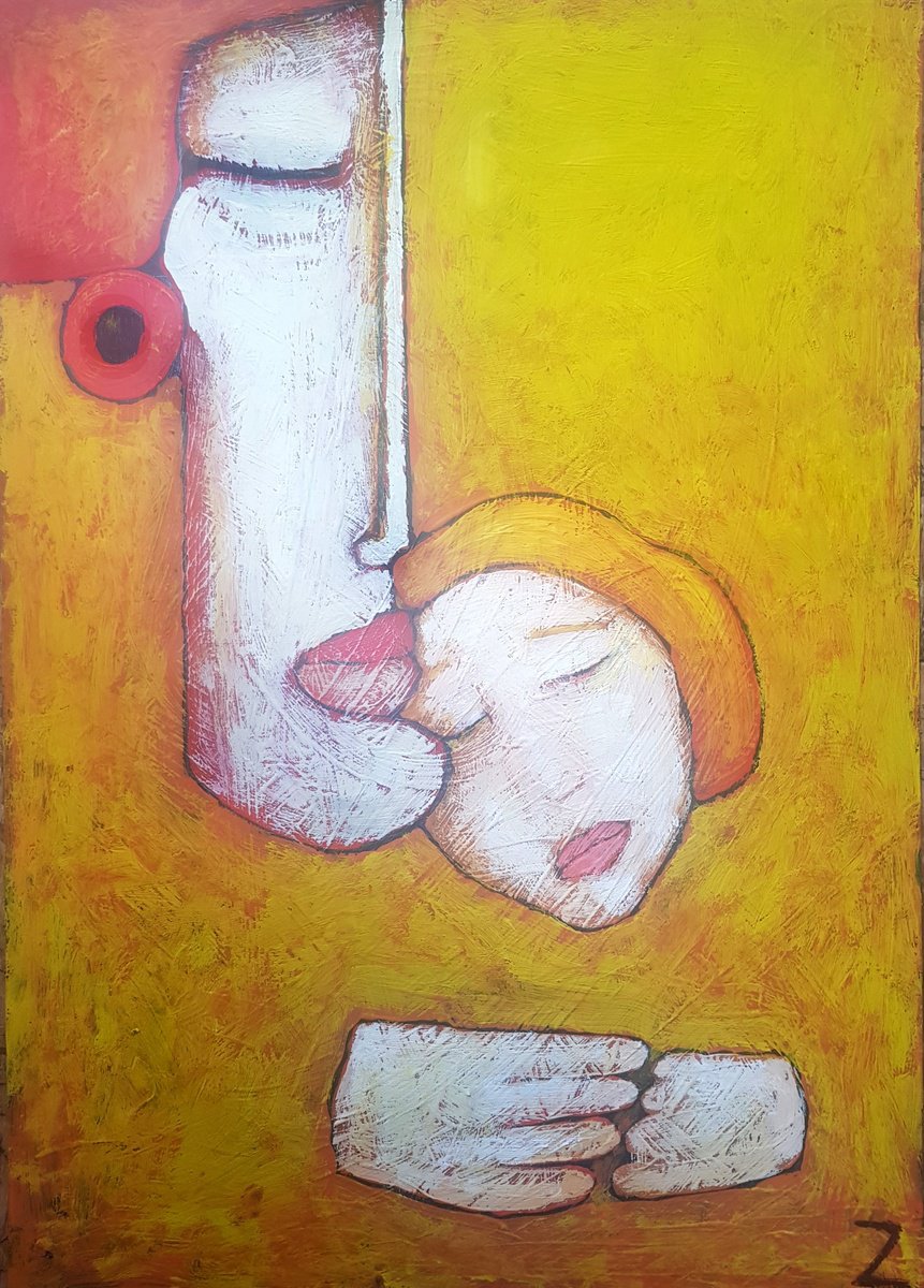 Naive Portrait Painting By Zhana Viel, 12 X 17", Ensemble Iii, Original Artwork