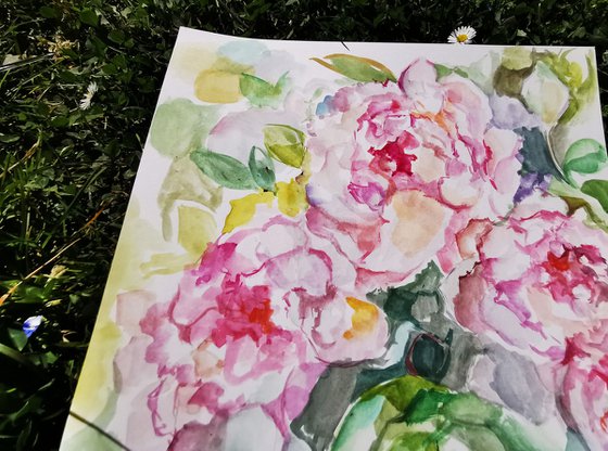 Peonies drawing on paper, Flower painting