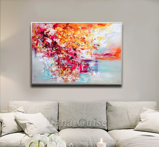 Vivid Dream - 48" Abstract Floral Painting, White Gray, Large Canvas, Gold Leaf, Minimalist Painting, Living Room Painting