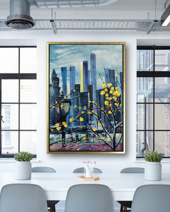 New York in Springtime Original Acrylic Painting, NYC Blooming, American City Blossoming, Blossoms Tree in New York Wall Art, Floral and Flowers in US City