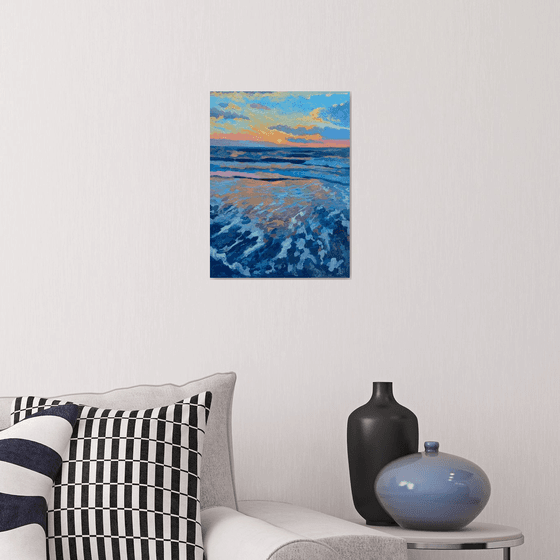Foam waves beach sunset the sun's rays Blue small Gift Mother Father day Art