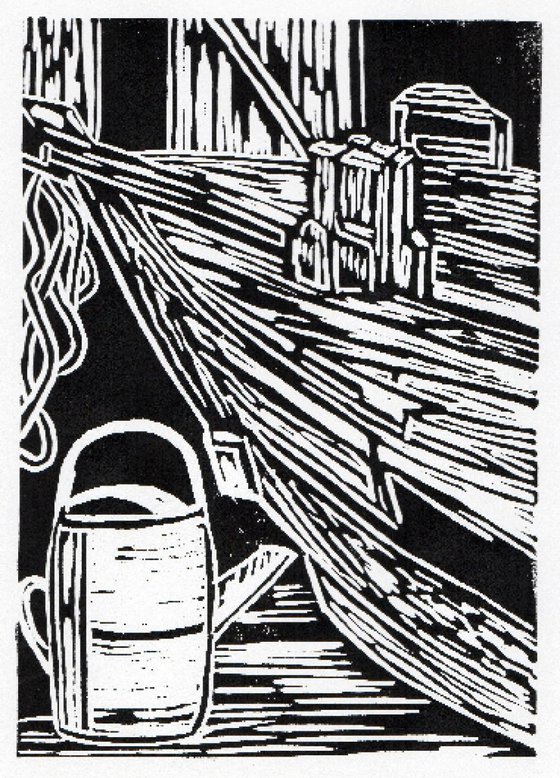 Boat and watering can linocut