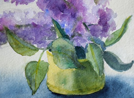 Lilac flowers original watercolor painting on craft paper, Botanical still life, romantic postcard