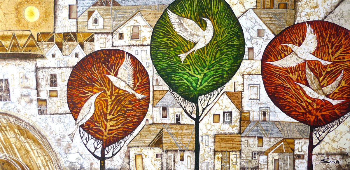 Illustrative Animal Acrylic Painting By Julia Ismambetova, 23 X 11", Dance Of The Wings, Original Artwork