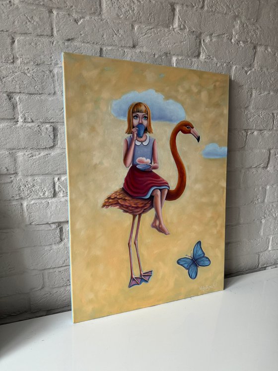 Girl, flamingo and butterfly