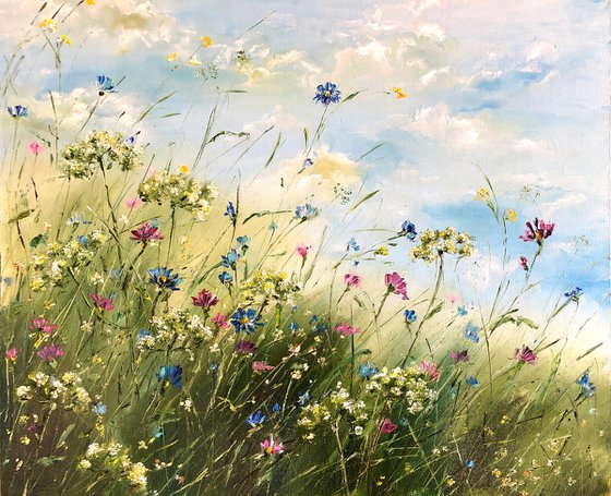 MOTLEY GRASS - Summer. Blooming meadow. Wildflowers. Landscape. Clouds. Wind. Sky. Daisies. Cornflowers.