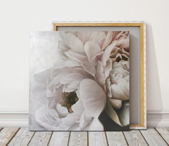 "Silk peonies" White silver oil flower art