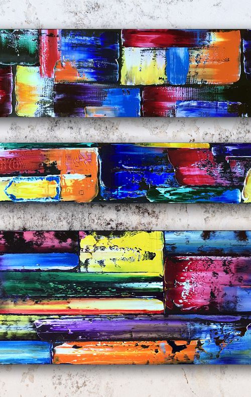 "Stacking" - FREE WORLDWIDE SHIPPING + Save As A Series - Original PMS Abstract Triptych Oil Paintings On Wood - 41" x 25" by Preston M. Smith (PMS)