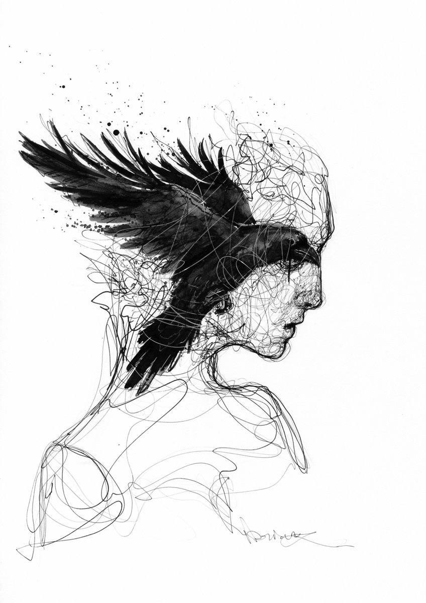 Expressive Portrait Ink Drawing By Doriana Popa, 8 X 12, Guidebook, Original Artwork