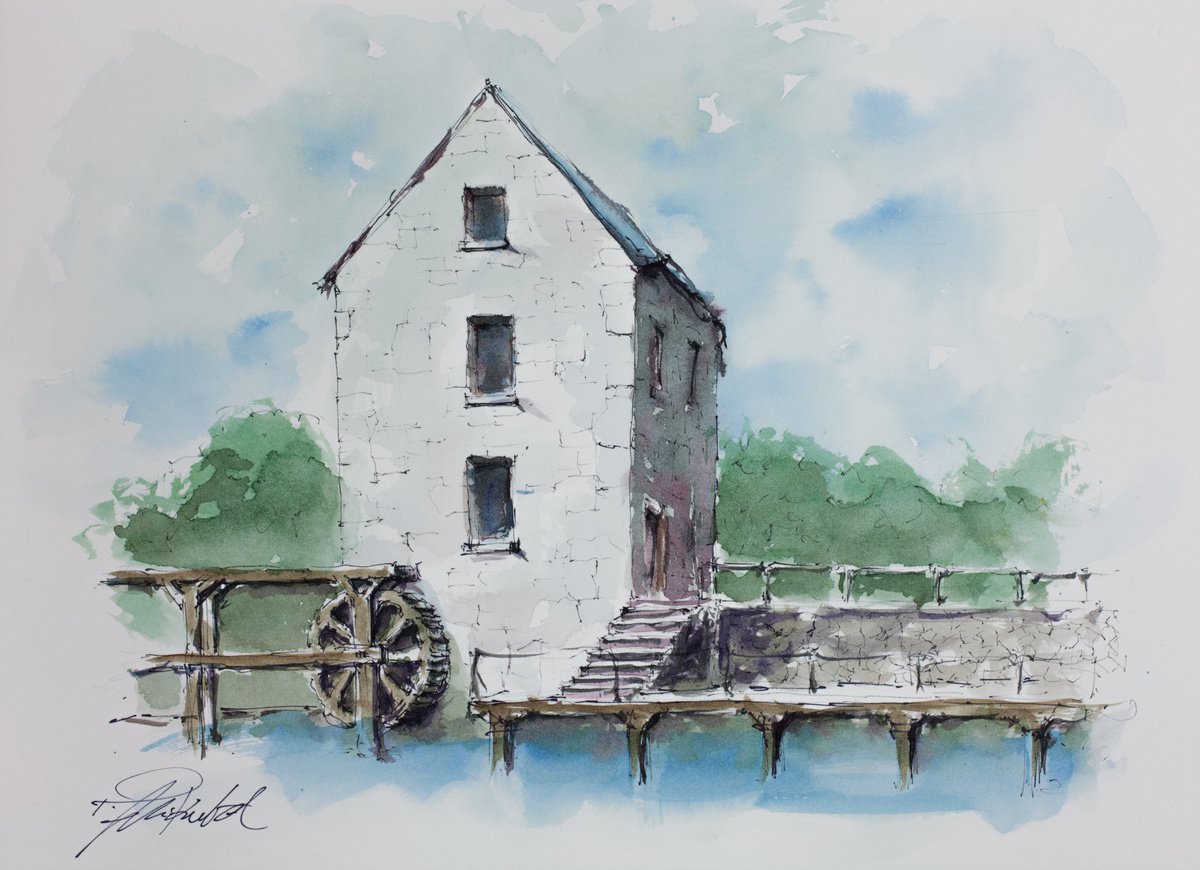 Impressionistic Cityscapes Watercolour By Tomasz Mikutel, 15 X 11", Watermill, Original Artwork