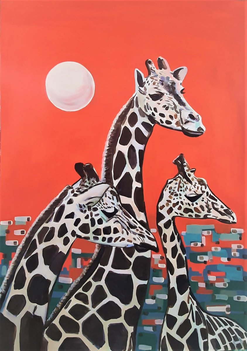 Urban And Pop Animal Acrylic Painting By Alexandra Djokic, 28 X 39, Giraffes, Original Artwork