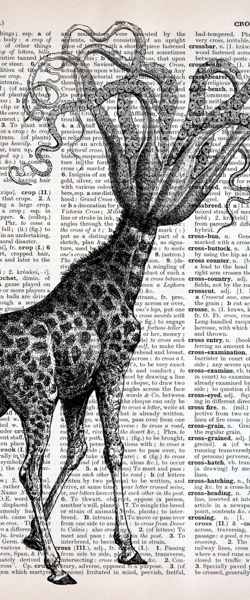 Octopus Giraffe - Collage Art Print on Large Real English Dictionary Vintage Book Page by Jakub DK - JAKUB D KRZEWNIAK